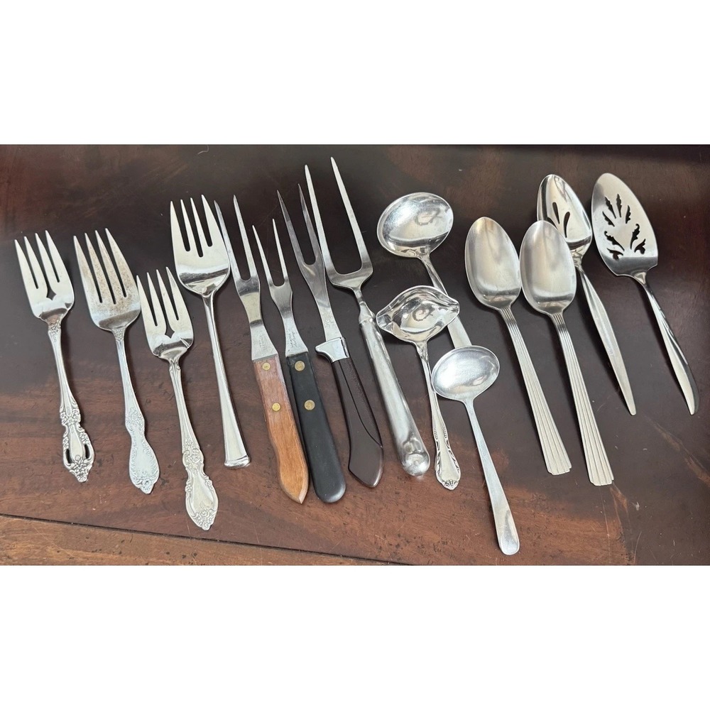 15 Pc. Vintage Mismatched Mixed Lot Stainless Serving Utensils Forks Spoons